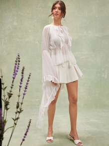 L'Amorae Sheer Maxi Sleeve Ruffle Detail Peplum Waist Top - Beige - View 4