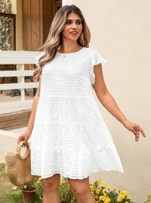 SHEIN LUNE SHEINLUNE 大码女式白色格子褶皱蝴蝶袖褶皱迷你连衣裙，适合婚礼季节，全白女装，婚礼宾客礼服女士新娘送礼会礼服白色婚礼礼服毕业礼服白色毕业礼服毕业装，女士海滩装女士海滩早午餐装女士机场装，波西米亚风女装波西米亚风时尚，女士海滩装，可爱夏季连衣裙卡哇伊