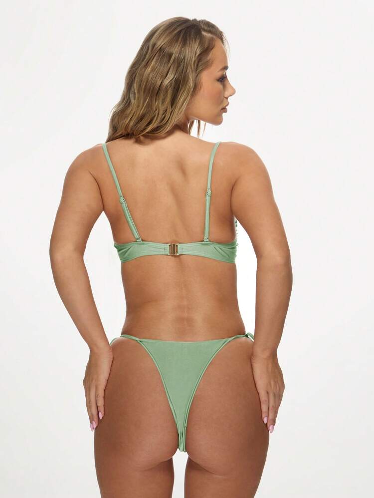 MISSGUIDED 여름 비치 진주 장식 트위스트 프론트 밴도 투피스 비키니 세트 조절 가능 사이드 타이 하이컷 브라질식 수영복 리조트웨어 비치웨어 휴가 수영복