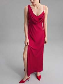 Ontre 2025 New Women Wedding Guest Dress, Asymmetric Neckline Single Slit Elegant Dress, Red Taffeta Fabric, Spring/Summer - Red - View 4