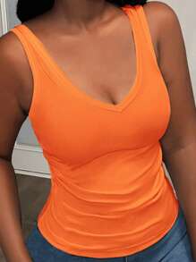 Slaydiva Camiseta sin mangas básica informal de punto acanalado de canalé con escote en V profundo en color blanco - Naranja - Ver 3