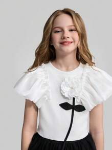 Ontre Minimalistisches, vielseitiges Mode-Top für Tween-Mädchen für die Hochzeitssaison, elastisches, figurbetontes T-Shirt mit Rundhalsausschnitt, kurzen Puffärmeln und mehrlagigem Blumendekor für lässiges Tragen im Freien und drinnen, Frühling/Sommer - Weiss - Übersicht 4