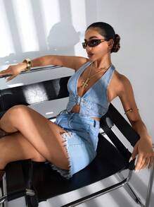 RueChic Buckle Detail Backless Halter Neck Crop Denim Top - Light Wash - View 1