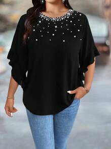 SHEIN Clasi Women Plus Size Casual Ruffle Sleeve Beaded Shirt - Black - View 3