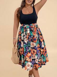 SHEIN VCAY Vestido informal de verano de talla grande estilo boho con estampado floral patchwork y sin mangas