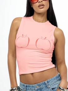 SUMWON WOMEN Fruit Print Sleeveless Crop Tank Summer Festival Fitted Knit Cotton Blend Casual Crop Top Streetwear Fashion Y2K Style