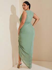 SHEIN BAE 大码女装春夏绿色长开叉聚拢荷叶边连衣裙，毕业季连衣裙，法式连衣裙，晚礼服，生日礼服，伴娘服，简洁优雅的日常连衣裙 - 綠色 - 查看 2