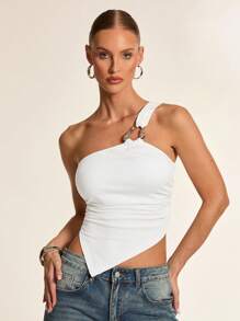 Glamine Parte superior de punto con anilla metálica y dobladillo asimétrico para mujer, adecuada para salidas, fiestas, reuniones y conciertos