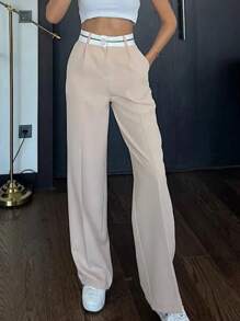 RueChic Slant Pocket Wide Leg Suit Pants - Beige - View 3