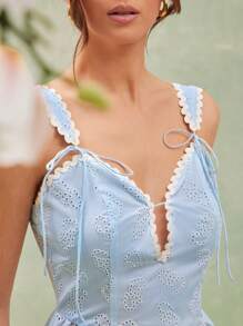 L'Amorae Elegant Pastel Blue Eyelet Tie Strap Peplum Ruffle Hem Summer Tank Top With Wavy Border Details, Easter, Summer For Women, Beach For Women - Blue and White - View 2