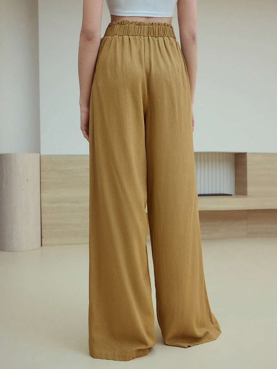 MOTF STUDIO 亚麻松紧腰阔腿裤 - 卡其色 - 查看 2