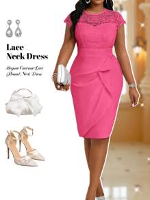 Fleurora Plus Size Women Contrast Lace Crew Neck Gathered Sleeve Elegant Dress - Hot Pink - View 1