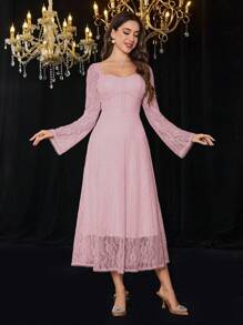 Modelyn Váy dài tay hở lưng chữ A cổ vuông bằng vải ren quý tộc Pháp thanh lịch dành cho nữ - Màu Hồng baby - Xem 5