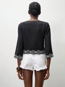 Lumivelle Women's Tie Collar Short Sleeve Lace Solid Blouse, Bohemian Style, Everyday, Vacation, Ruffle