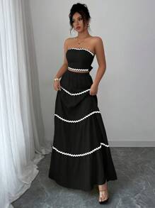 Rafferiza 2件套女士优雅拼接丝带抹胸上衣和裙子套装 - 黑色 - 查看 5