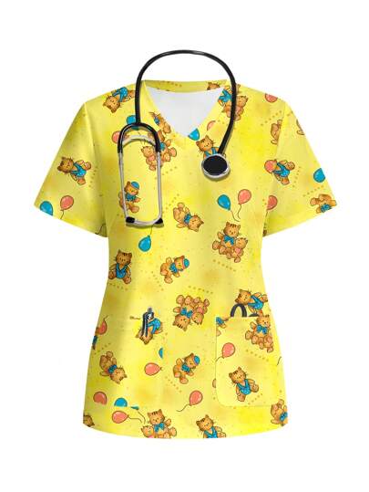 PopScrub Áo đồng phục y tá/chăn nuôi họa tiết động vật hoạt hình dễ thương giản dị tối giản