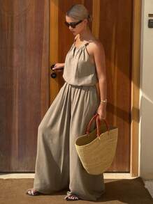 Livesso 2 件套女士纯色度假吊带背心和裤子套装 - 綠色 - 查看 6