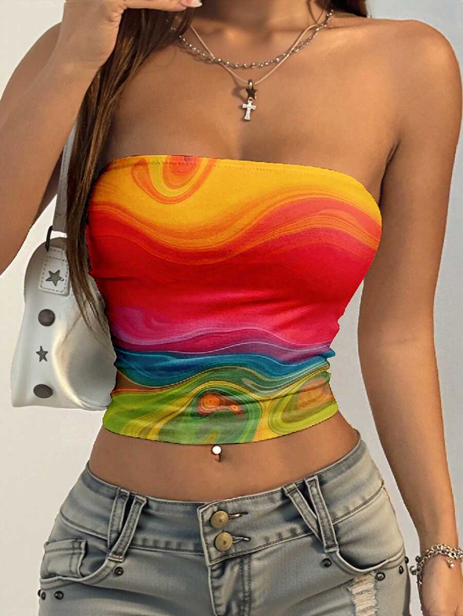 INAWLY Top bralette corto con stampa sfumata, abbigliamento casual da vacanza