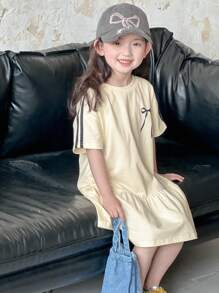 Dazy Kids 女孩年轻女孩秋夏休闲圆领针织蝴蝶结印花短袖连衣裙 - 黃色 - 查看 5