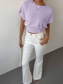 Aloruh Camiseta casual de mujer de cuello redondo, mangas tipo murciélago y unicolor con cintura