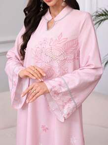 Al Najma V-Neck Splice Silver Trim Ribbon Embellished Beaded Floral Arabic Dress,Modest - Pink - View 2