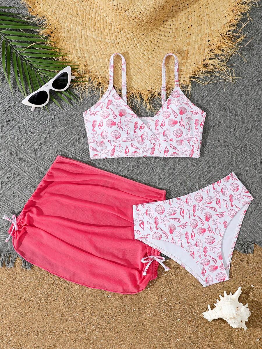 SHEIN 3pcs/Set Tween Girl Printed Tankini Swimwear - Hot Pink - View 1