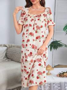 Women's Rose All-Over Print Short Sleeve Sleep Dress - Multicolor - View 5