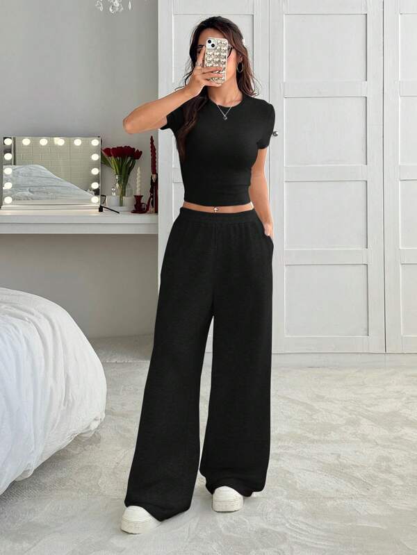 SHEIN EZwear 2pcs/Set Summer Grey Fitted Short Sleeve T-Shirt And Loose Sweatpants Casual Outfit,Business Casual Woman,Summer Sets