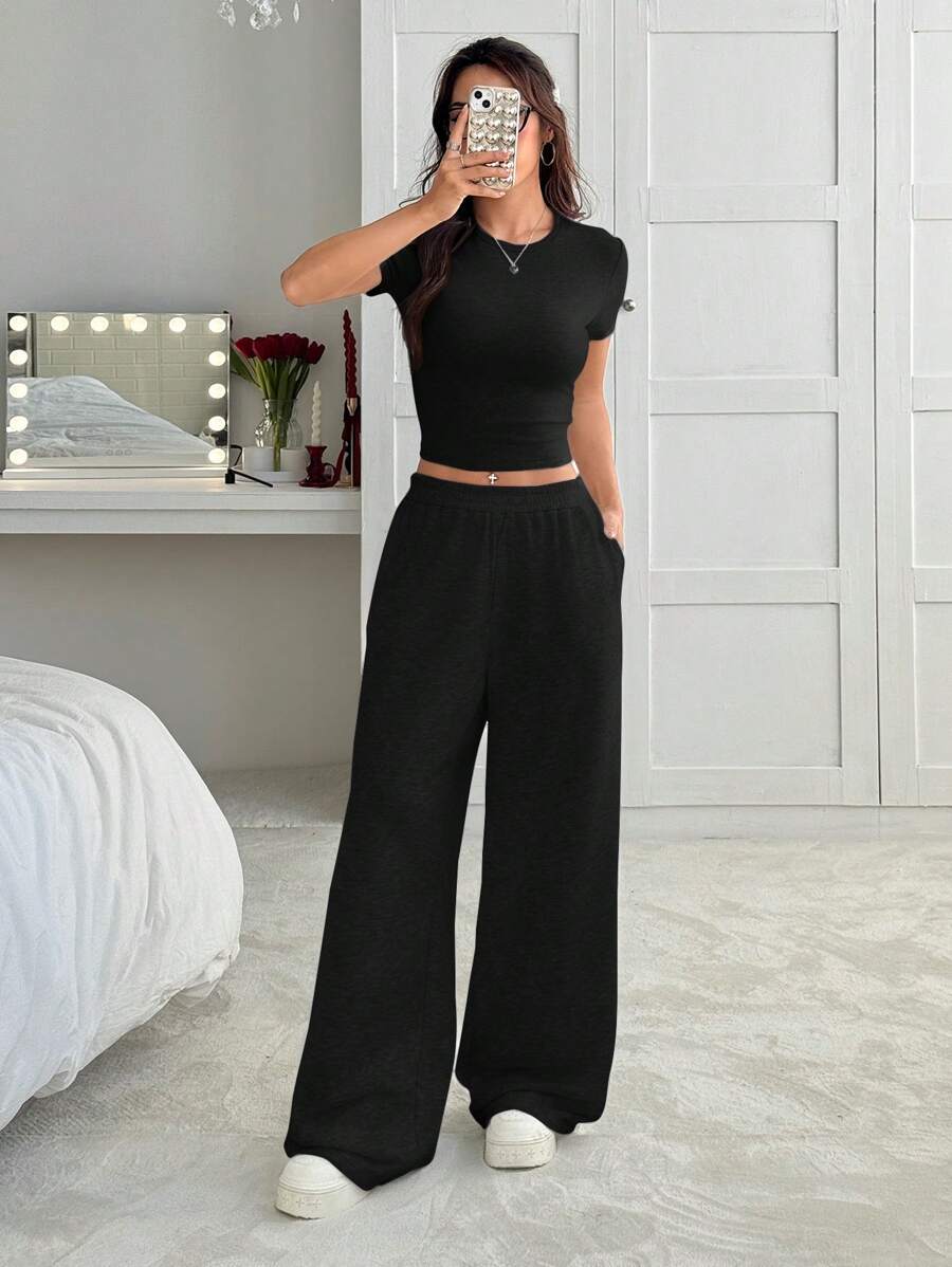 SHEIN EZwear 2 件套夏季灰色修身短袖 T 恤和宽松运动裤休闲装 - 黑色 - 查看 1