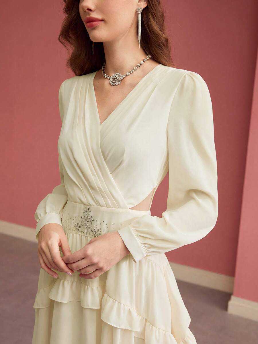 MOTF PREMIUM RHINESTONE DETAIL RUFFLE TRIM DRESS,VALENTINE'S DAY OUTFIT - Apricot - View 2