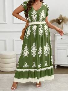 SHEIN LUNE Summer Dresses For Women Plus Size V-Neck Sleeveless All-Over Print Simple Casual Dress New Years Women Outfit Vacation Outfits Woman Summer Outfits For Women Birthday Outfits For Women Valentine Day Dress Vacation Dresses - Green - View 6
