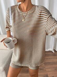 SHEIN Frenchy 2pcs Women Striped Contrast Color Textured Short Sleeve Top And Shorts Set,Summer Sets