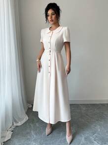 Chiquease 女式纯色彼得潘领泡泡袖单排扣迷你连衣裙 - 白色 - 查看 5