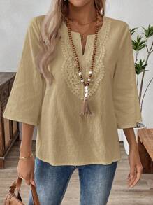 EMERY ROSE Solid Color Short Sleeve V-Neck Simple Fashionable Shirt, Suitable For Summer Cotton - Khaki - View 5