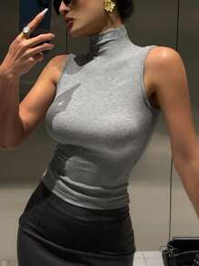 DAZY Áo ba lỗ không tay bó sát cổ cao cho nữ - Màu Xám nhạt - View 7