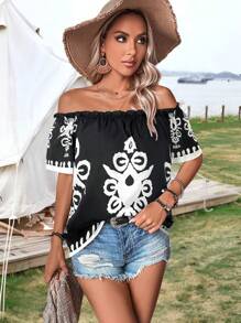 SHEIN LUNE Blusa bohemia de mujer de manga corta y hombros descubiertos con estampado retro, adecuada para festivales de música, primavera/verano - Negro - Ver 3