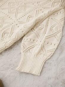 RueChic Women's Crochet-Style Knit Top With Geometric Patterns And Scalloped V-Neck In Cream - White - View 4