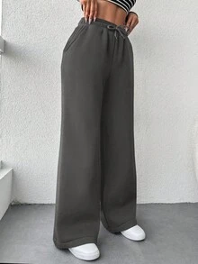 RueChic Cotton Ladies' Solid Color Drawstring Waist Wide-Legged Workout Pants - Grey - View 5
