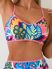 Swim Lushoire 2pcs Beach Summer Outfits For Women, Random Print Camisole Top And High Waist Bikini Bottom Swimwear Set