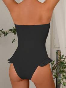 Swim Mod 女士度假优雅性感荷叶边简约泳衣，夏季 - 黑色 - 查看 2