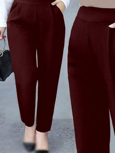 大码女式纯色口袋修身休闲裤，日常穿着