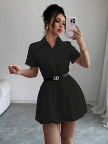 Elenzga Women's Black Summer Elegant Short Sleeve Casual Shirt Mini Dress,Solid Color Office Outfits For Ladies Dining,Fashion Elegant Dresses For Women - Black - View 6