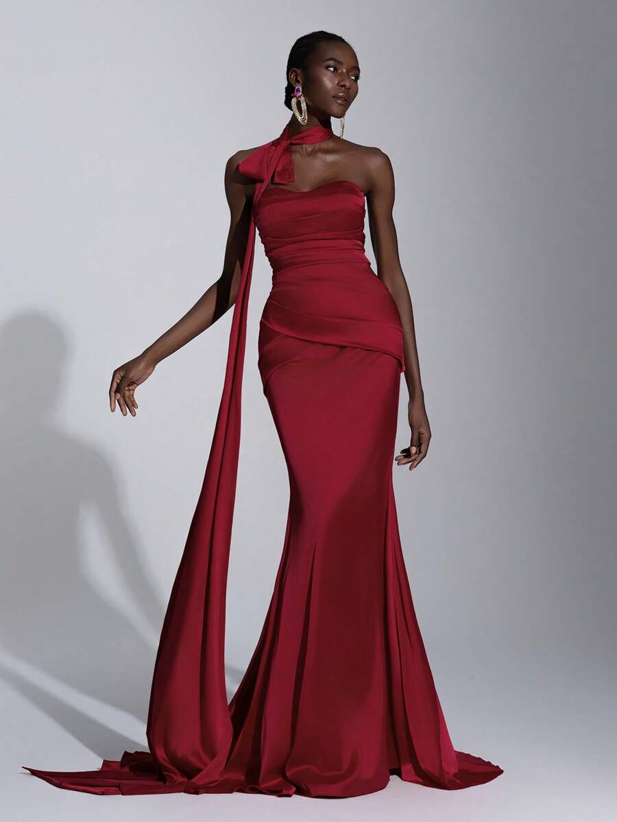 SHEIN Belle Elegant & Luxurious Red Satin Strapless Maxi Gown With ...