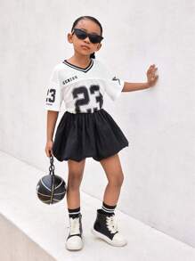 SHEIN Leap Crew Young Girl 2 Pieces Set: Loose Numeric Print Woven Top And Solid Colored Woven Mini Skirt - Black and White - View 4