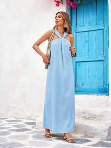 Vivid Eden Women Solid Color Woven Long Halter Neck Dress,Summer Outfits For Women,Beach Outfits For Woman,Spring Break,Vacation Outfits Women,Concert Outfit Women,BOHO,Music Festival Vacation Outfits Women,Women Summer Clothing,Vacation Style,For Beach Vacation