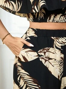 Breezaya Women's Tropical Print Cold Shoulder Top With Ruffle Hem And Wide Leg Pants Set - Black - View 3