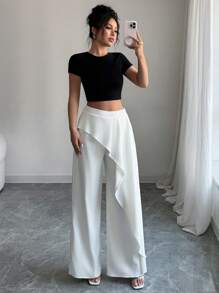 Rafferiza Quần dài đi nghỉ thanh lịch xếp ly bất đối xứng cho nữ - trắng - Xem 3