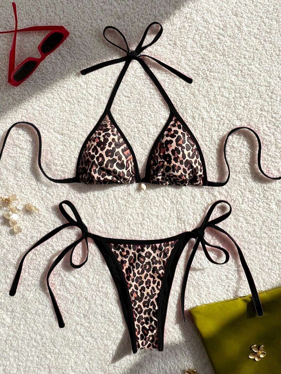 2pcs Spaghetti Strap Halter Leopard Print Shell Pendant Sexy Two Pieces Bikini Swimwear For Women - Multicolor - View 1