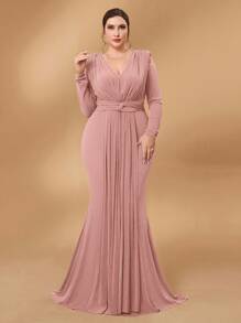 SHEIN Belle 大码莲藕粉色金属针织深V领扭纹设计派对礼服、婚礼宾客礼服、正式礼服、晚礼服、长袍