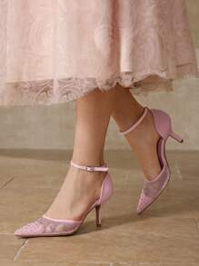 MOTF PREMIUM RHINESTONE DECOR POINTED TOE HIGH HEEL PUMPS - Pink - View 3